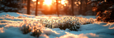 First Spring Snowdrops Flowers Blossom in Warm Sunset Light on Snowy Meadow in Forest.の素材
