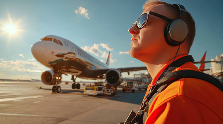 Airport Worker in Sunglasses and Headphones Focused On Work Against Backdrop of Passenger Airplaneの素材