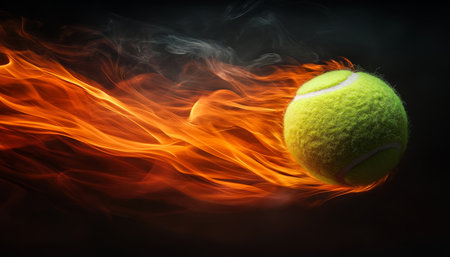 Fierce flames enveloping a tennis ball  striking visual against a dark backgroundの素材