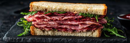 Close-up of a Gourmet Shaved Ham Sandwich on Artisan Bread, Garnished with Fresh Arugulaの素材