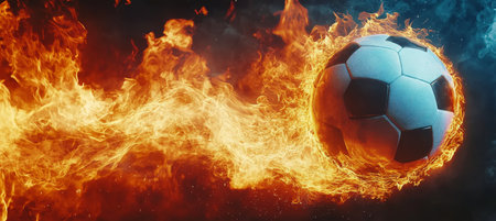 Fiery Soccer Ball Vibrant and Dynamic Black Background Image Symbolizing Passion, Energyの素材