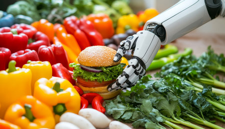 Robot Hand Selecting Burger Over Fresh Vegetables and Leafy Greens, Highlighting Food Choices.の素材