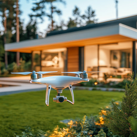 Modern Smart Home with Drone, Home Security, Surveillance Technology, and Aerial Viewの素材