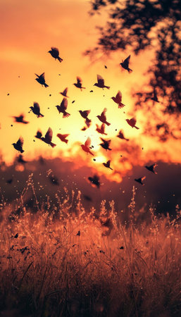 Birds in Flight Against a Golden Sunset, Creating a Serene and Picturesque Nature Sceneの素材