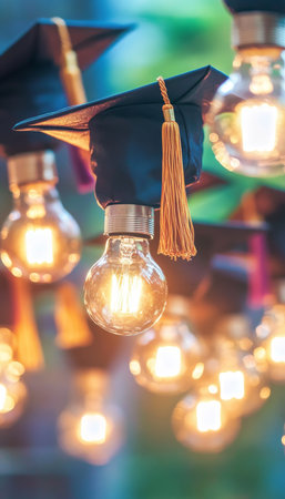Graduation Caps and Light Bulbs Symbolizing Education, Knowledge, and Bright Futuresの素材