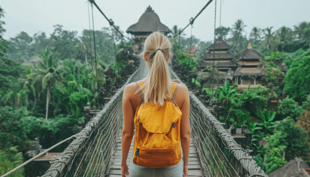Woman With Backpack Exploring Balinese Temple, Adventure And Spirituality In Indonesian Jungleの素材