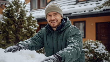 Smiling man cleaning snow from a car after a heavy snowfall, enjoying the Winter Wonderland.の素材