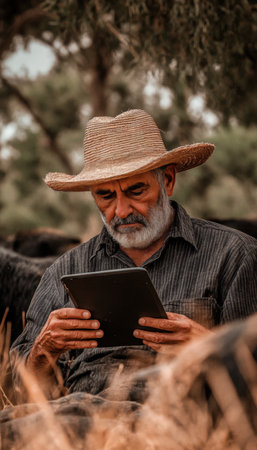 Modern Farmer, Traditional Roots Senior Agriculturist Connects with Technology in Rural Pastureの素材