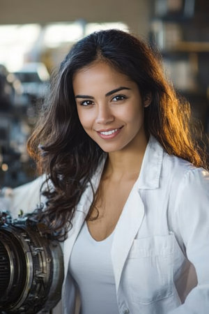 Confident and Skilled Young Female Mechanic Working on an Aircraft Engine in an Aviation Hangerの素材