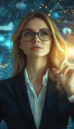 Businesswoman Leading with Data, Pointing Towards Glowing Digital Interface with Graphs and Metricsの素材