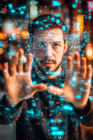 Man Interacting With Futuristic Holographic Technology, Innovation And The Digital Ageの素材
