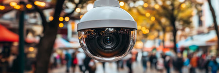 Security Camera Monitoring a Busy, Blurred Crowd in a Public Space with Festive Lightsの素材