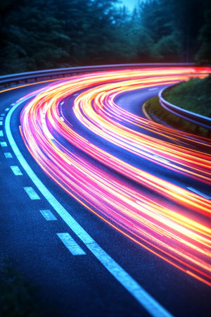 Speed Of Digital Information, Technology And Innovation-Fast Movement Along Night Roadの素材