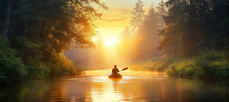 Golden Hour Serenity Silhouette of a Man Kayaking on Tranquil River During a Vibrant Sunset.の素材