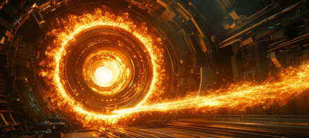 Blazing Technological Inferno Fiery Portal in a Futuristic Tunnel, Concept of Power and Energyの素材