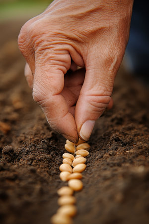Close-up of a senior s wrinkled hand sowing soybean seeds in fertile soil., A Close-Up View,の素材