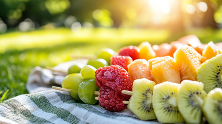 Fresh Fruit Skewers. Strawberries, Kiwi, Grapes, and Cantaloupe, Healthy Summer Picnic Snackの素材