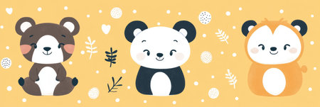 Cute Bear, Panda, and Lion Cub on Yellow Background. Adorable Characters for Children s Designsの素材