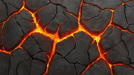 Volcanic Landscape Molten Lava Flowing Through Cracked Earth, Fiery Abstract Background Textureの素材