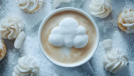 Cup of Coffee with a Cloud-Shaped Marshmallow and Sweet Treats on a Snowy Table, Top Viewの素材