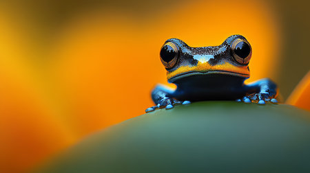Vivid Blue Poison Dart Frog On a Leaf, Staring Intently, against a Vibrant Orange Backdropの素材