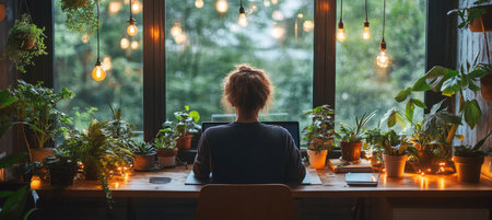 Woman Working Remotely from Home Office with Lush Green Plants and Warm String Lightsの素材