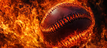 Flaming Softball on Fire Background, Blazing Sports Passion, Detailed Stitch Close Upの素材