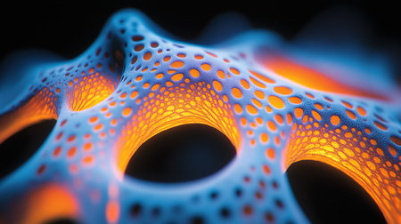 Abstract 3D Render of Organic Structure with Pores, Texture, Orange Blue Light, and Depth of Fieldの素材