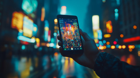 City Lights Reflection on Smartphone Urban Nightlife, Technology, and Modern Communicationの素材