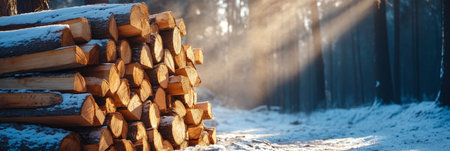 Winter Sunlight on Firewood, a wood pile with sunlight beaming through forest trees in winter.の素材
