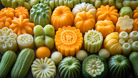 Close Up, Top View of Beautifully Carved Arrangement of Vegetables, Food Art, Food Decoration,の素材
