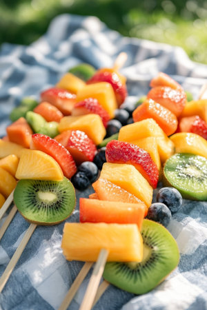 Refreshing Fruit Skewers on a Picnic Blanket A Vibrant Summer Treat for Healthy Eatingの素材