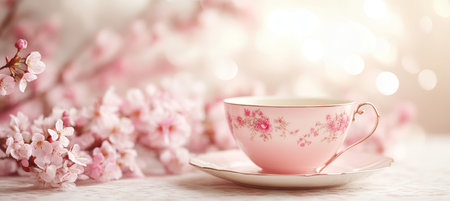 Vintage Teacup with Delicate Floral Design, Surrounded by Pink Blossoms and Soft Bokehの素材