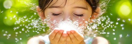 Little Girl Blowing Dandelion. Cute Girl Blowing on Dandelion. Summer, spring and Childhood Concept.の素材