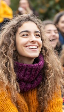 Happy, Young Woman with Curly Hair Laughing Outdoors, Enjoying a Fun Day with Friendsの素材