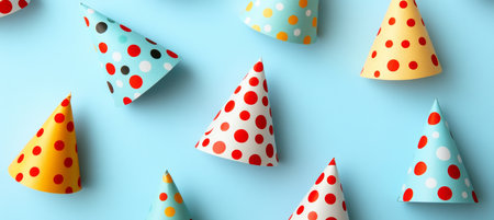 Colorful Polka Dot Party Hats Arranged on a Light Blue Background, Festive Celebration Conceptの素材