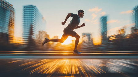Urban Athlete s Sunrise Pursuit Determined Male Runner Sprints for Fitness Goals in Cityscape.の素材
