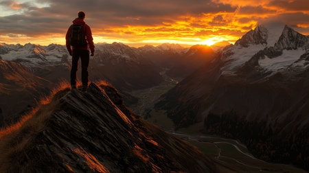 Hiker Reaches Mountain Summit, Feeling Accomplished at Breathtaking Sunrise Over Scenic Alpsの素材