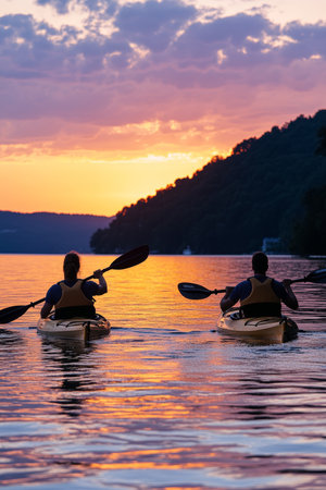 Tranquil Sunset Kayak Two Adventurers Enjoying Serene Lake with Golden Hour Reflectionsの素材