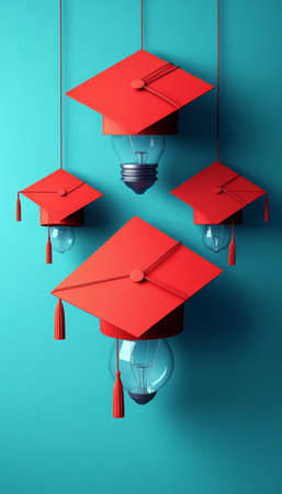 Bright Ideas for the Future Graduation Caps as Light Bulbs on Vibrant Teal Backgroundの素材