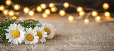 Daisies And Fairy Lights On Linen Background. Spring Or Summer Floral Background With Copy Space.の素材
