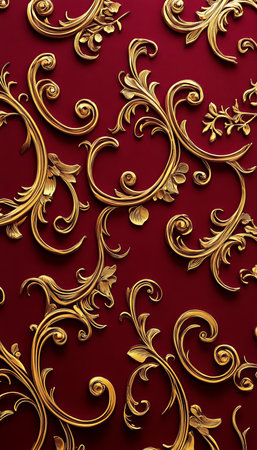 Warm Burgundy Background with Luxurious Golden Filigree Pattern, Perfect for Elegant Designsの素材