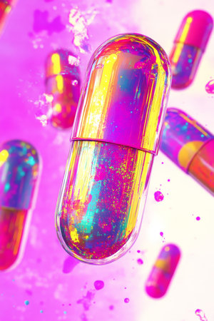 Rainbow Pharmaceuticals, Abstract Depiction Of Vibrant Capsules And Pills On Soft Background.の素材