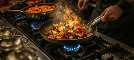 Chef Preparing Colorful Vegetable Stir Fry on a Gas Stove with Bright Red Flames in Restaurantの素材