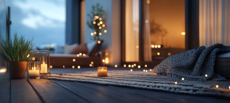 Warm summer s eve serene balcony haven bathed in fairy light glow, perfect for cozy nights.の素材