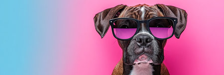 Canine Cool Closeup of Dog in Trendy Sunglasses, Mirrored Lenses Reflecting Vibrant Colorsの素材