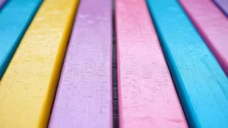 Vibrant, Colorful Wooden Slats with Water Droplets, Close Up. Abstract Background Texture.の素材