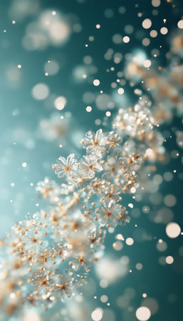 Delicate Spring Flowers Blooming Under Sunlight with a Bokeh Background of Sparkling Water Dropletsの素材