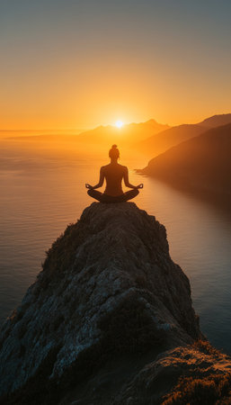 Silhouette of Woman Finding Peace and Balance Through Meditation on a Clifftop at Sunsetの素材