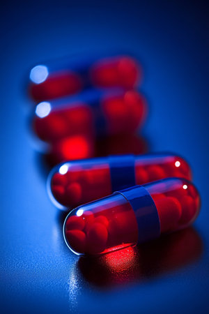 Red and Blue Pharmaceutical Capsules, Soft Blur Effect. Perfect Medical Concept Image.の素材